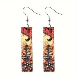 Red Wooden Pine Tree Dangle Earrings Moon Star Night Sky Design 7cm New Boho